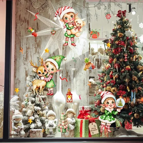 Christmas Window Clings Static Elves Stickers Double Sided PVC Glass Decals Holiday Decorations Reindeer Teddy Bear Stars
