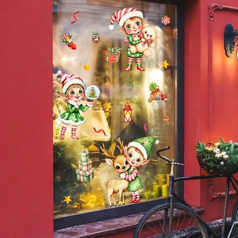 Christmas Window Clings Static Elves Stickers Double Sided PVC Glass Decals Holiday Decorations Reindeer Teddy Bear Stars