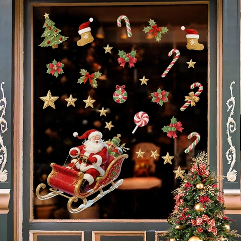 Christmas Window Clings Santa Sleigh Reindeer Static Cling PVC Double Sided Decals Waterproof Holiday Glass Decoration