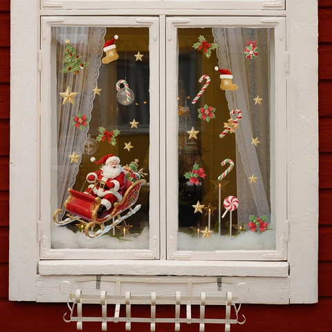 Christmas Window Clings Santa Sleigh Reindeer Static Cling PVC Double Sided Decals Waterproof Holiday Glass Decoration