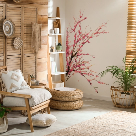 Pink Cherry Blossom Tree Branch Wall Sticker PVC Waterproof Chinese Style Flower Wall Decals For Living Room Bedroom Home Decor
