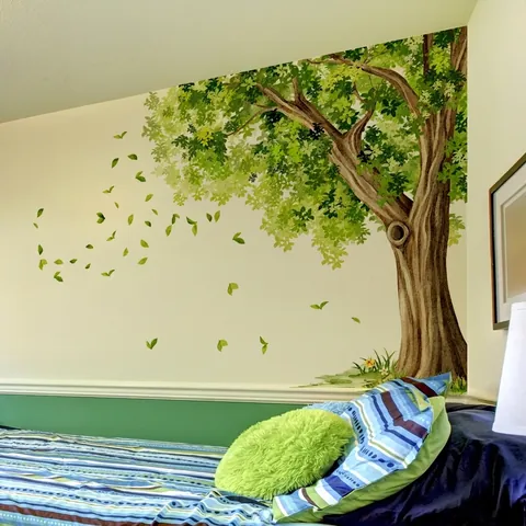 Pegatinas de Pared Árbol Verde Hojas Que Caen Estilo Pintado a Mano PVC Autoadhesivo Calcomanía de Pared Grande Para Dormitorio Infantil