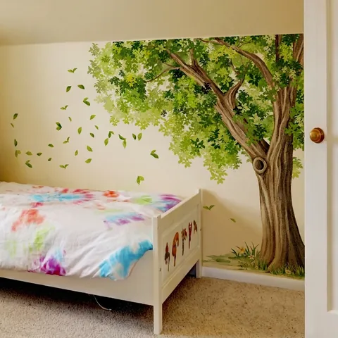 Pegatinas de Pared Árbol Verde Hojas Que Caen Estilo Pintado a Mano PVC Autoadhesivo Calcomanía de Pared Grande Para Dormitorio Infantil