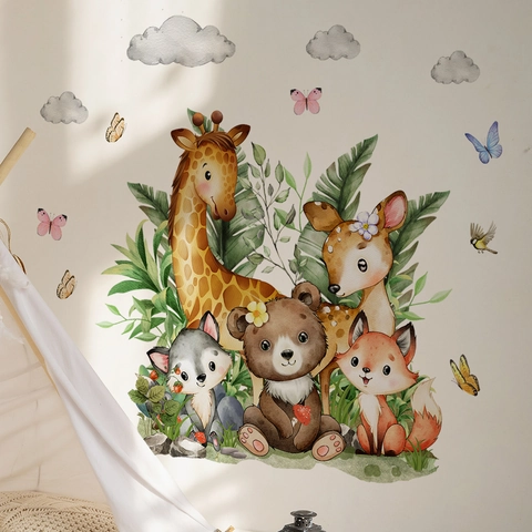 Adesivi da Parete Animali della Foresta Acquerello Giraffa Orso Cervo Volpe Lupo Nuvole Foglie per Cameretta Bambini