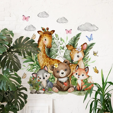 Adesivi da Parete Animali della Foresta Acquerello Giraffa Orso Cervo Volpe Lupo Nuvole Foglie per Cameretta Bambini