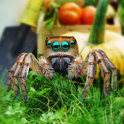 Realistischer Spinne Gartenstecker PVC Grüne Augen Springspinne Außenbereich Hof Rasen Halloween Dekoration Kunststoff Stecker