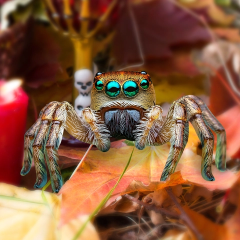 Realistischer Spinne Gartenstecker PVC Grüne Augen Springspinne Außenbereich Hof Rasen Halloween Dekoration Kunststoff Stecker
