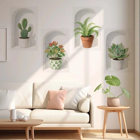 3D Potplant Muurstickers PVC Waterdicht Zelfklevend Creatief Groen Blad Cactus Succulent Stickers Voor Slaapkamer Badkamer Woondecoratie