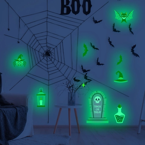 Autocollants Muraux Halloween Lumineux Phosphorescents PVC Décalcomanies Citrouille Fantôme Chauve-souris Décoration