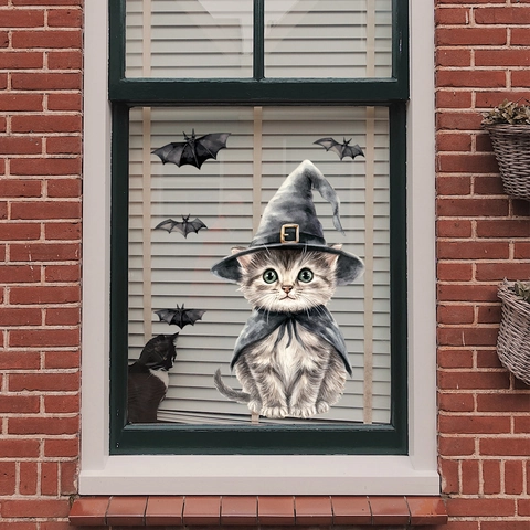 Halloween Fensteraufkleber Buntglas Stil Katze Kürbis Fledermaus Statische Haftung PVC Decals Für Zuhause Festliche Party Dekoration