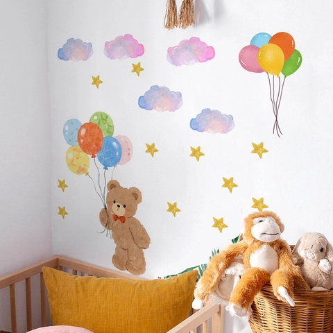 Handgemalte Aquarell Bär Wolken Luftballons Wandtattoo Selbstklebend Kinderzimmer Aufkleber Für Kinderzimmer Home Decor