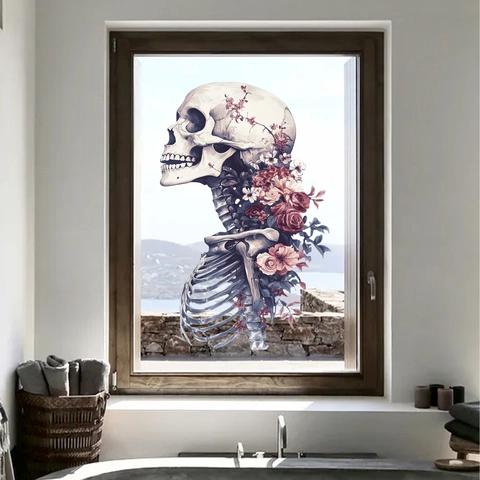 Gothic Skeleton Flower Butterfly Window Stickers Double Sided Electrostatic PVC Decals For Halloween Party Home Glass Decoration
