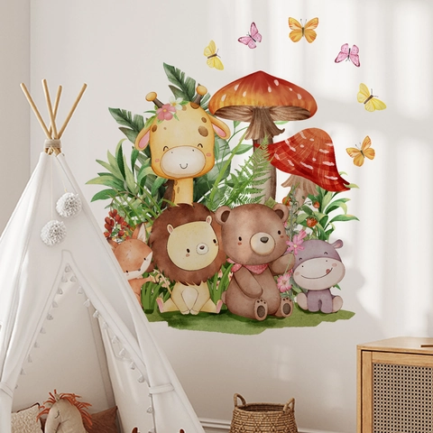 Stickers Muraux Animaux De La Forêt Aquarelle PVC Imperméable Autocollant Girafe Lion Champignon Décoration Chambre Bébé