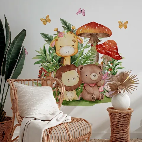 Stickers Muraux Animaux De La Forêt Aquarelle PVC Imperméable Autocollant Girafe Lion Champignon Décoration Chambre Bébé