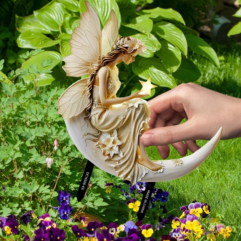 2D PVC Fairy Sitting On Moon Star Garden Stake Outdoor Yard Decoration Fairy Ornament Decorative Landscape Sign