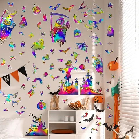 Halloween Wall Stickers Laser Holographic PVC Self Adhesive Pumpkin Bat Ghost DIY Decorative Home Party Decals