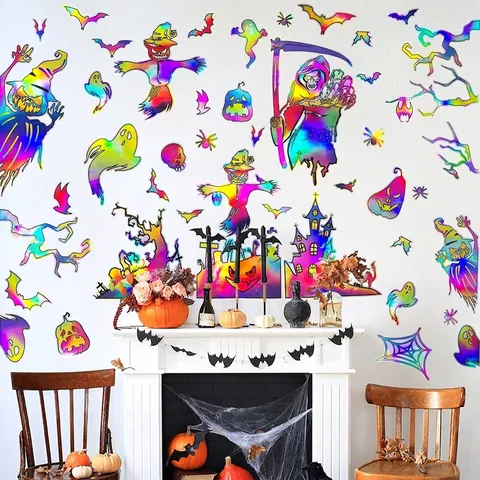 Halloween Wall Stickers Laser Holographic PVC Self Adhesive Pumpkin Bat Ghost DIY Decorative Home Party Decals