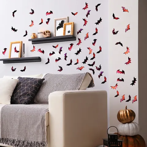 Adesivi Murali Pipistrello Halloween Laser Olografico 3D Removibile PVC Decalcomanie Per Festa Decorazione Casa Iridescente