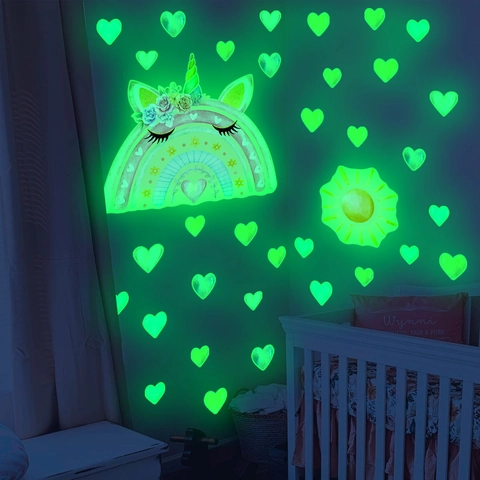 Adesivo da Parete Luminoso con Unicorno e Arcobaleno Cuore Sole Pattern PVC Autoadesivo per Decorazione Camera Bambini