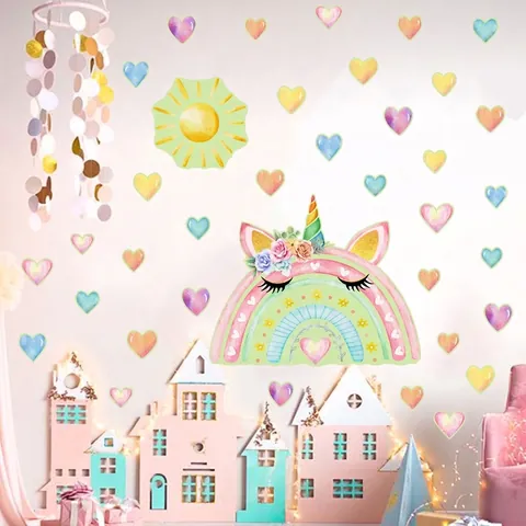 Adesivo da Parete Luminoso con Unicorno e Arcobaleno Cuore Sole Pattern PVC Autoadesivo per Decorazione Camera Bambini