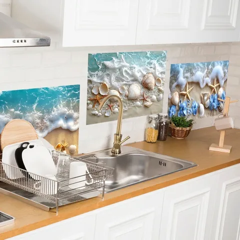 Ocean Beach Scenery Wall Stickers Waterproof PVC Self-Adhesive Starfish Shell For Bathroom Kitchen Home Decor