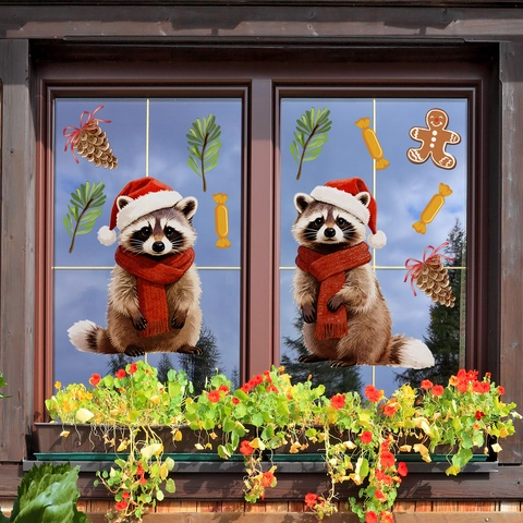 Pegatinas Navidad Ventanas Estáticas Doble Cara Mapache Hombre De Jengibre PVC Calcomanías Para Vidrio Decoración De Fiesta Hogar