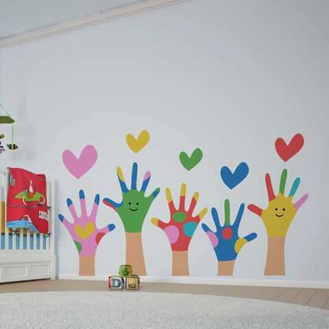 Cartoon Colorful Handprint Bear Stationery Wall Stickers Removable PVC Decals For Kids Room Nursery Classroom Decor
