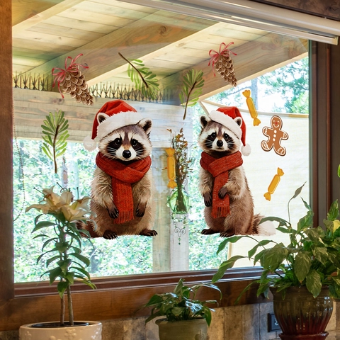 Pegatinas Navidad Ventanas Estáticas Doble Cara Mapache Hombre De Jengibre PVC Calcomanías Para Vidrio Decoración De Fiesta Hogar