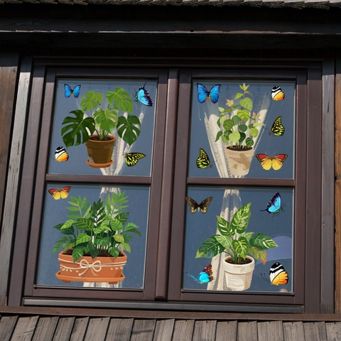 Green Plant Vine Potted Flower Butterfly Static Window Stickers Double Sided Waterproof PVC Decorative Decals for Glass