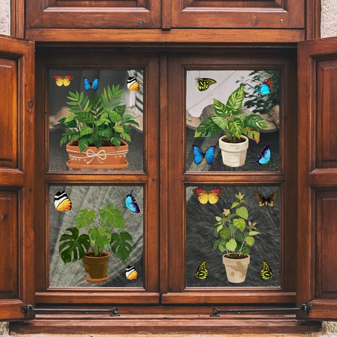 Green Plant Vines Potted Flowers Butterfly Window Sticker PVC Double Sided Glass Decal For Home Kitchen Bathroom Decor