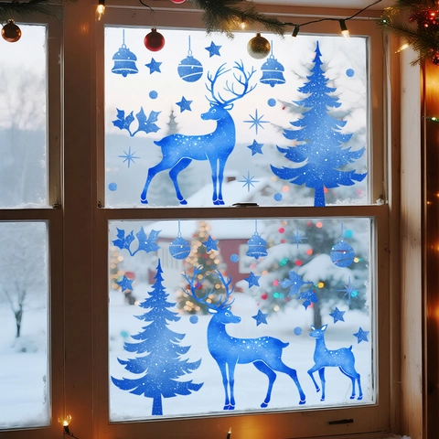 Blaue Weihnachten Rentier Fensteraufkleber Statisch Haftend Schneeflocken Weihnachtsbaum Glasdekor Winter Urlaub Haus Deko