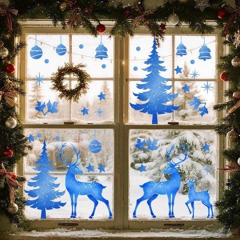 Blaue Weihnachten Rentier Fensteraufkleber Statisch Haftend Schneeflocken Weihnachtsbaum Glasdekor Winter Urlaub Haus Deko