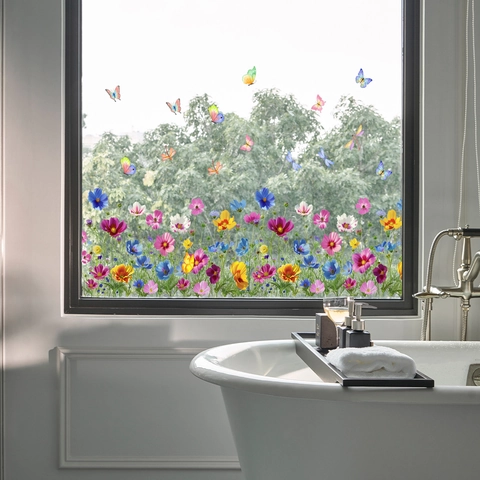 Pegatinas De Ventana Flores Mariposas PVC Doble Cara Acuarela Decoración De Cristal Para Hogar Baño Cocina
