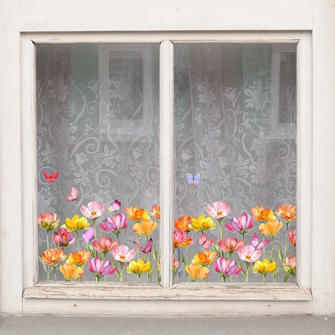 Watercolor Flower Butterfly Static Window Stickers Double Sided Visible Glass Decals For Home Bathroom Kitchen Decor Living Room