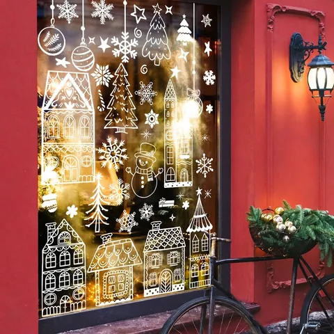 Weihnachts Fensterbilder Statische Aufkleber Weiße Linie Haus Schneeflocke Glasdeko Winter Feiertag Home Dekoration