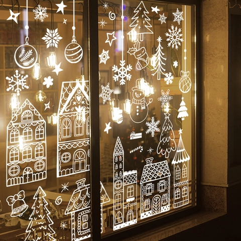 Weihnachts Fensterbilder Statische Aufkleber Weiße Linie Haus Schneeflocke Glasdeko Winter Feiertag Home Dekoration
