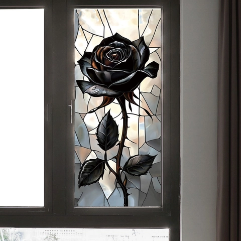 Black Rose Stained Glass Window Sticker Static Cling Decorative Privacy Film Gothic Flower Decal For Glass Door Home Decor