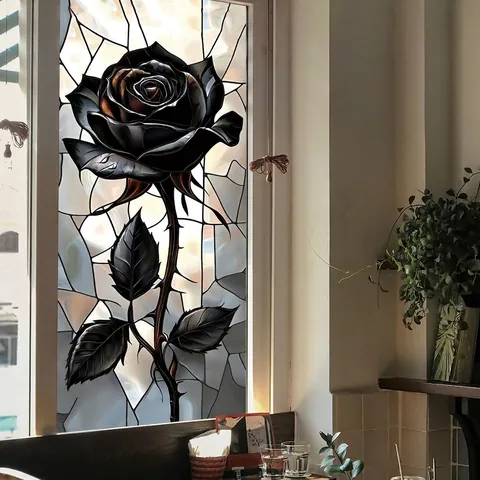 Black Rose Stained Glass Window Sticker Static Cling Decorative Privacy Film Gothic Flower Decal For Glass Door Home Decor
