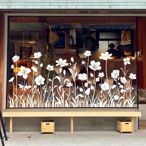 White Silhouette Wildflower Window Stickers PVC Static Cling Glass Decals Double Sided Visible Waterproof Home Decor