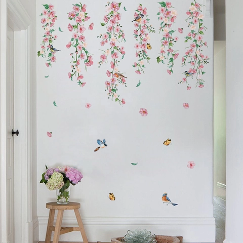 Stickers Muraux Fleur Rose Vigne Oiseau Papillon PVC Autocollant Amovible Décoration Chambre Pépinière
