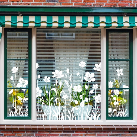 White Silhouette Wildflower Window Stickers PVC Static Cling Glass Decals Double Sided Visible Waterproof Home Decor