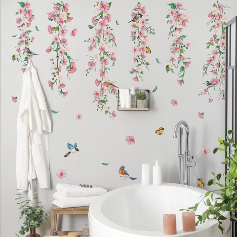 Stickers Muraux Fleur Rose Vigne Oiseau Papillon PVC Autocollant Amovible Décoration Chambre Pépinière