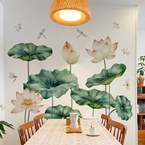 Lotus Flower Wall Sticker Hand Painted Lotus Leaf Dragonfly PVC Self Adhesive Removable Home Decor Mural Decal