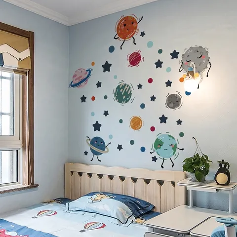 Adesivi Murali Pianeti Cartone Animato PVC Autoadesivi Impermeabili Removibili Decalcomanie Galassia Spaziale Per Decorazione Camera Bambini