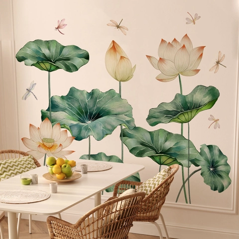 Lotus Flower Wall Sticker Hand Painted Lotus Leaf Dragonfly PVC Self Adhesive Removable Home Decor Mural Decal