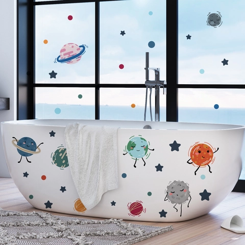 Adesivi Murali Pianeti Cartone Animato PVC Autoadesivi Impermeabili Removibili Decalcomanie Galassia Spaziale Per Decorazione Camera Bambini