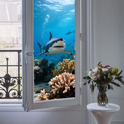 Creative 3D Shark Underwater World Stained Glass Floral Leaves Starry Night Static Cling Decorative Window Sticker PVC Film