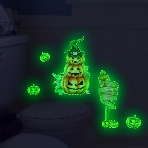 Halloween Adesivi Murali Luminosi Al Buio Zucca Cappello Da Strega PVC Decalcomanie Per Bagno Casa Decorazione Festa