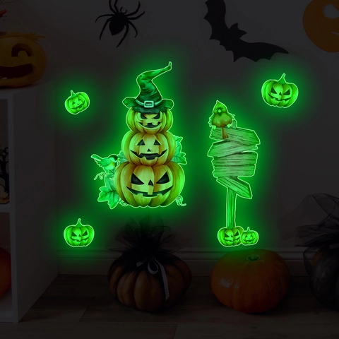 Halloween Adesivi Murali Luminosi Al Buio Zucca Cappello Da Strega PVC Decalcomanie Per Bagno Casa Decorazione Festa