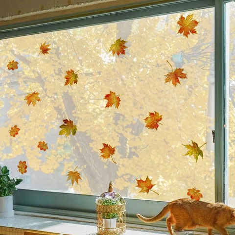 Autocollants Muraux Feuilles Erable Dorure Automne Thanksgiving Stickers Fenêtre PVC Imperméable Double Face Décoration